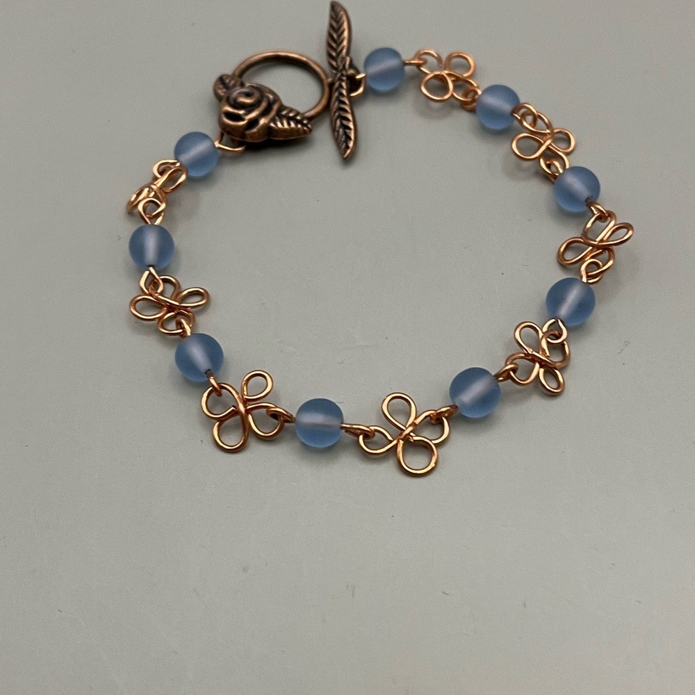 Copper and Blue Beaded Bracelet with Toggle Clasp